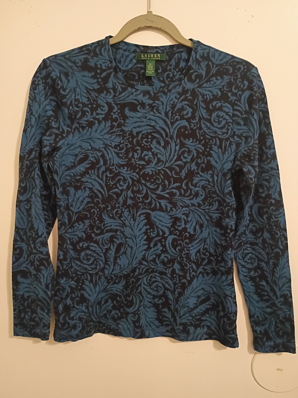 Lauren Ralph Lauren Blue Floral Crewneck Top Stretchy Sz M